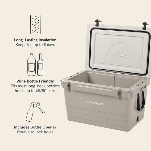 مبرد Retrospec Palisade Rotomolded 45 Qt - صندوق ثلج محمول معزول بالكامل مع فتاحة زجاجات مدمجة، وفتحات ربط لأسفل وسلة بضائع جافة - مبردات للشاطئ الكبير والتخييم والسفر - الكثبان الرملية in Saudi Arabia