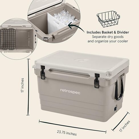 مبرد Retrospec Palisade Rotomolded 45 Qt - صندوق ثلج محمول معزول بالكامل مع فتاحة زجاجات مدمجة، وفتحات ربط لأسفل وسلة بضائع جافة - مبردات للشاطئ الكبير والتخييم والسفر - الكثبان الرملية in Saudi Arabia