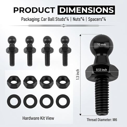 4PCS 10mm Ball Stud Kit with Hardware,M6 Gas Struts Ball Stud Kit for Gas Strut Lift Support,Universal Cars Gases Spring Strut Balls Studs Suitable for Most Cars,Trucks in Kuwait