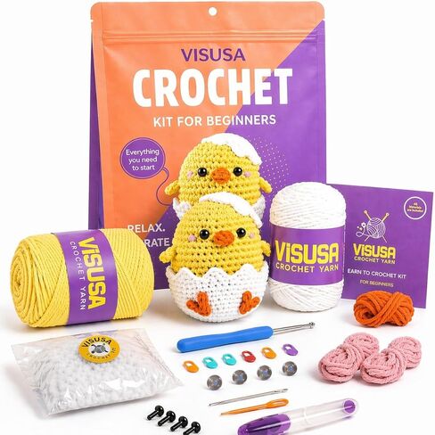 Visusa Crochet Kit for Beginners – Learn to Crochet Animal Kit– Yellow Chick Amigurumi Set- Easy DIY Crochet & Knitting Starter Set with Video and PDF Tutorials- Perfect Crochet Gifts for Starters. in Kuwait