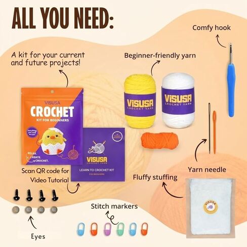 Visusa Crochet Kit for Beginners – Learn to Crochet Animal Kit– Yellow Chick Amigurumi Set- Easy DIY Crochet & Knitting Starter Set with Video and PDF Tutorials- Perfect Crochet Gifts for Starters. in Kuwait