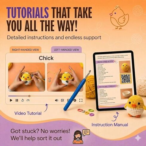 Visusa Crochet Kit for Beginners – Learn to Crochet Animal Kit– Yellow Chick Amigurumi Set- Easy DIY Crochet & Knitting Starter Set with Video and PDF Tutorials- Perfect Crochet Gifts for Starters. in Kuwait