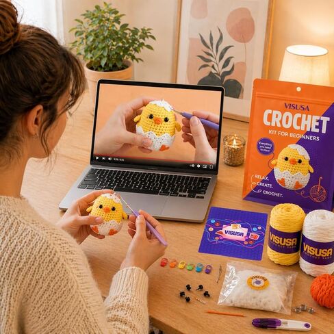Visusa Crochet Kit for Beginners – Learn to Crochet Animal Kit– Yellow Chick Amigurumi Set- Easy DIY Crochet & Knitting Starter Set with Video and PDF Tutorials- Perfect Crochet Gifts for Starters. in Kuwait