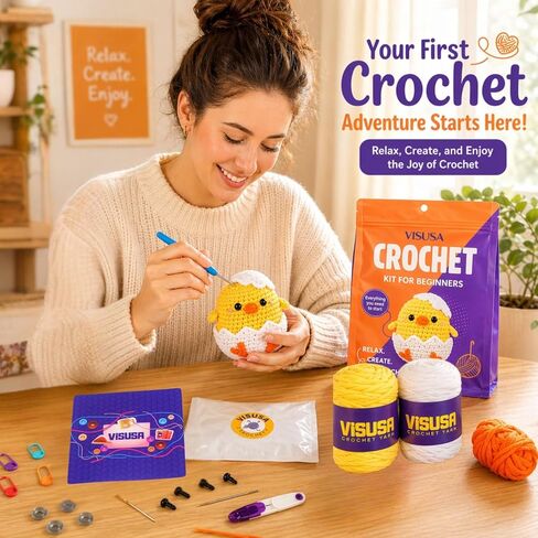 Visusa Crochet Kit for Beginners – Learn to Crochet Animal Kit– Yellow Chick Amigurumi Set- Easy DIY Crochet & Knitting Starter Set with Video and PDF Tutorials- Perfect Crochet Gifts for Starters. in Kuwait