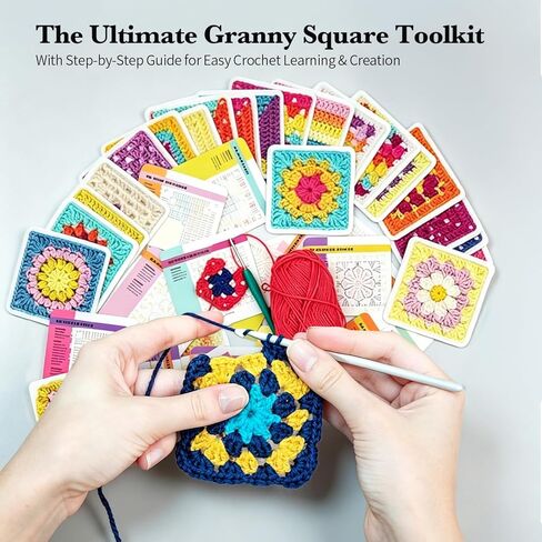 Crochet Kit for Beginners, Learn to Crochet 50 Pattern Granny Square Kit, Square Crochets Kits with 50 Mix & Match Designs, Excluding Crochets and Yarn in Kuwait