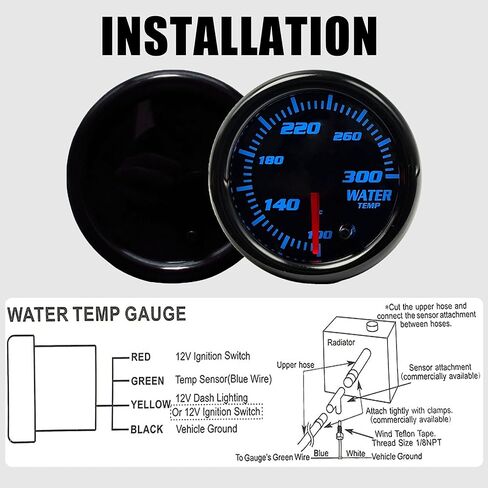 52mm Water Temp Gauge, 7 Color Tinted 2-1/16" Water Coolant Temperature Kit, 100-300 Fahrenheit with 1/8 NPT Electronic Sensor for Car and Truck in Kuwait