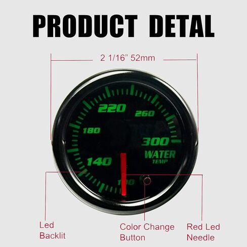 52mm Water Temp Gauge, 7 Color Tinted 2-1/16" Water Coolant Temperature Kit, 100-300 Fahrenheit with 1/8 NPT Electronic Sensor for Car and Truck in Kuwait