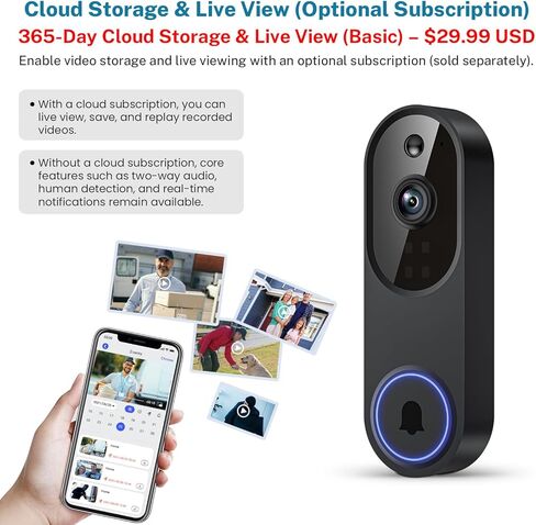 1080P Smart Wireless Video Doorbell Camera, Home Security with Chime Ringer, Cloud Storage, 2.4GHz Wi-Fi, Intelligent Human Detection, 2-Way Audio, Night Vision, Real-Time Alert in Saudi Arabia