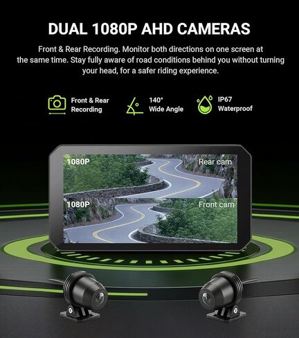 C9 Pro Motorcycle Carplay, 5.99" Anti-Glare IPS Touchscreen with Apple CarPlay & Android Auto, Dual AHD 1080P Dash Cam, GPS Navigation System, 140° Wide Angle, IP67 Waterproof (No TPMS) in Kuwait