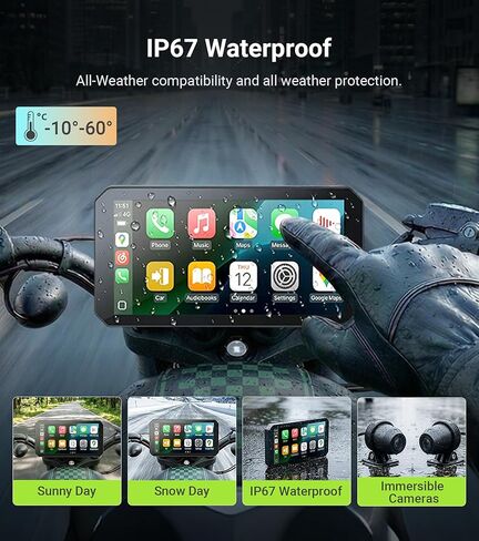 C9 Pro Motorcycle Carplay, 5.99" Anti-Glare IPS Touchscreen with Apple CarPlay & Android Auto, Dual AHD 1080P Dash Cam, GPS Navigation System, 140° Wide Angle, IP67 Waterproof (No TPMS) in Kuwait