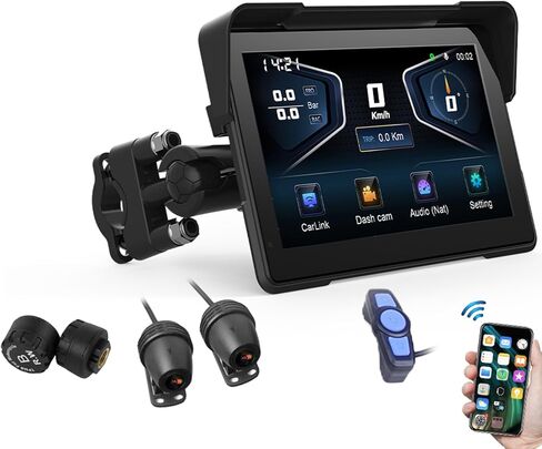 شاشة ذكية للدراجات النارية مقاس 7 بوصات - CarPlay لاسلكي وAndroid Auto مع التحكم الصوتي عبر البلوتوث، مقاومة للماء IP67، شاشة لمس عالية الدقة، تناسب معظم الدراجات in Kuwait