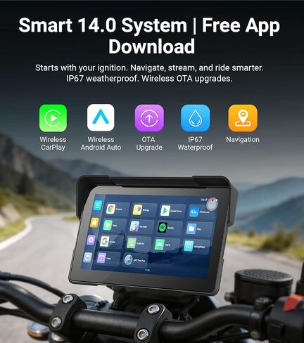 U7 Motorcycle Carplay، شاشة لمس IPS مقاس 7 بوصات مع Apple CarPlay اللاسلكي وAndroid 14 OS Android Auto، كاميرات أمامية وخلفية مزدوجة 1080P، ملاحة GPS، TPMS، زاوية 110، IP67 مقاومة للماء in Kuwait