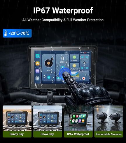 U7 Motorcycle Carplay، شاشة لمس IPS مقاس 7 بوصات مع Apple CarPlay اللاسلكي وAndroid 14 OS Android Auto، كاميرات أمامية وخلفية مزدوجة 1080P، ملاحة GPS، TPMS، زاوية 110، IP67 مقاومة للماء in Kuwait