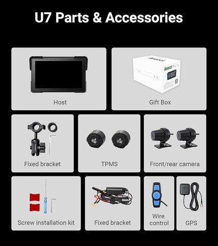 U7 Motorcycle Carplay، شاشة لمس IPS مقاس 7 بوصات مع Apple CarPlay اللاسلكي وAndroid 14 OS Android Auto، كاميرات أمامية وخلفية مزدوجة 1080P، ملاحة GPS، TPMS، زاوية 110، IP67 مقاومة للماء in Kuwait