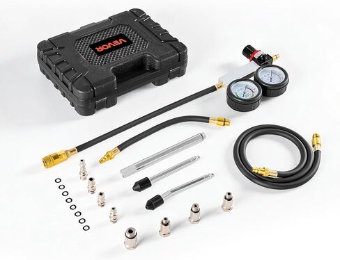 VEVOR Engine Cylinder Compression Tester Kit, Pressure Gauge Range of 0-100 PSI, Automotive Leak Down Tester Kit with 4 Adapters, 2 Metal Tubes, Pressure Check & Leakage Rate Test on Cars, Motorcycles in Kuwait