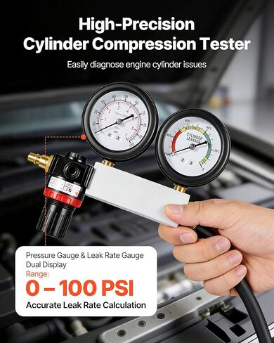 VEVOR Engine Cylinder Compression Tester Kit, Pressure Gauge Range of 0-100 PSI, Automotive Leak Down Tester Kit with 4 Adapters, 2 Metal Tubes, Pressure Check & Leakage Rate Test on Cars, Motorcycles in Kuwait