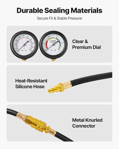 VEVOR Engine Cylinder Compression Tester Kit, Pressure Gauge Range of 0-100 PSI, Automotive Leak Down Tester Kit with 4 Adapters, 2 Metal Tubes, Pressure Check & Leakage Rate Test on Cars, Motorcycles in Kuwait