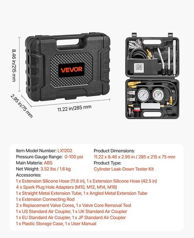 VEVOR Engine Cylinder Compression Tester Kit, Pressure Gauge Range of 0-100 PSI, Automotive Leak Down Tester Kit with 4 Adapters, 2 Metal Tubes, Pressure Check & Leakage Rate Test on Cars, Motorcycles in Kuwait