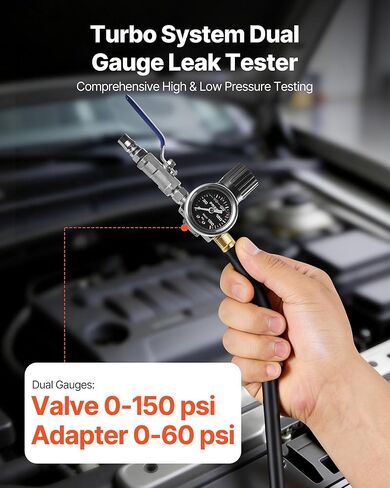 مجموعة اختبار تسرب VEVOR Turbo Boost، متوافقة مع أنابيب 3 بوصة/3.5 بوصة/4 بوصة، مقياس صمام 0-150 رطل لكل بوصة مربعة ومقياس محول 0-60 رطل لكل بوصة مربعة، مجموعة اختبار تسرب نظام توربو مع 4 أزواج من تركيبات الهواء لشاحنات الديزل وسيارات الدفع الرباعي in Kuwait