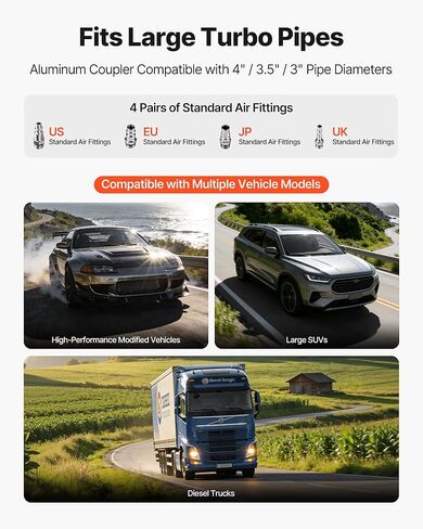 مجموعة اختبار تسرب VEVOR Turbo Boost، متوافقة مع أنابيب 3 بوصة/3.5 بوصة/4 بوصة، مقياس صمام 0-150 رطل لكل بوصة مربعة ومقياس محول 0-60 رطل لكل بوصة مربعة، مجموعة اختبار تسرب نظام توربو مع 4 أزواج من تركيبات الهواء لشاحنات الديزل وسيارات الدفع الرباعي in Kuwait