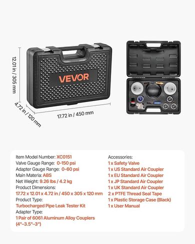 مجموعة اختبار تسرب VEVOR Turbo Boost، متوافقة مع أنابيب 3 بوصة/3.5 بوصة/4 بوصة، مقياس صمام 0-150 رطل لكل بوصة مربعة ومقياس محول 0-60 رطل لكل بوصة مربعة، مجموعة اختبار تسرب نظام توربو مع 4 أزواج من تركيبات الهواء لشاحنات الديزل وسيارات الدفع الرباعي in Kuwait