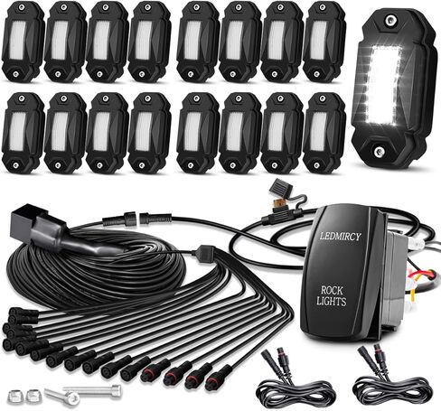 LEDMIRCY R2 مجموعة أضواء الصخور البيضاء النقية مع سرج سلك تبديل روكر 12 قطعة أضواء الصخور LED بيضاء لشاحنة الطرق الوعرة ATV UTV SUV Underglow Light Trail Rig Light تحت الجسم عالية الطاقة مقاومة للماء in Kuwait