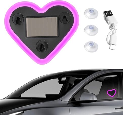 6 Lighting Modes Solar Powered Car LED Ambient Light, Rechargeable Wireless LED Heart Shape C-Pillar Neon Light, AutoGlow Solar Heart Light for Car Window Romantic Decor Surprising Gifts in Kuwait