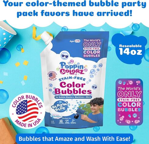 PoppinColorz Blazin' Blue Stain-Free Color Bubbles Refill, 14 oz Bubble Solution for Bubble Blasters, Mowers & Machines, Kids Parties, Baby Showers & Gender Reveals, for Outdoor Use and for Ages 3+ in Saudi Arabia
