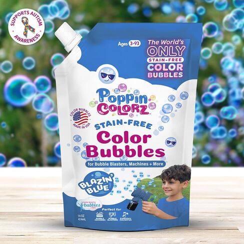 PoppinColorz Blazin' Blue Stain-Free Color Bubbles Refill, 14 oz Bubble Solution for Bubble Blasters, Mowers & Machines, Kids Parties, Baby Showers & Gender Reveals, for Outdoor Use and for Ages 3+ in Saudi Arabia