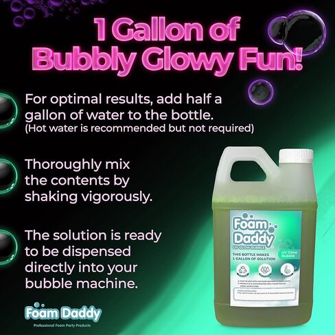 محلول الفقاعات المتوهج بالأشعة فوق البنفسجية من FoamDaddy - تركيبة فائقة التركيز ذات قوة احترافية - اجعل فقاعاتك تتوهج تحت الأضواء السوداء - مصممة لأي عصا فقاعات أو آلة - 1/2 جالون من متعة الفقاعات in Kuwait