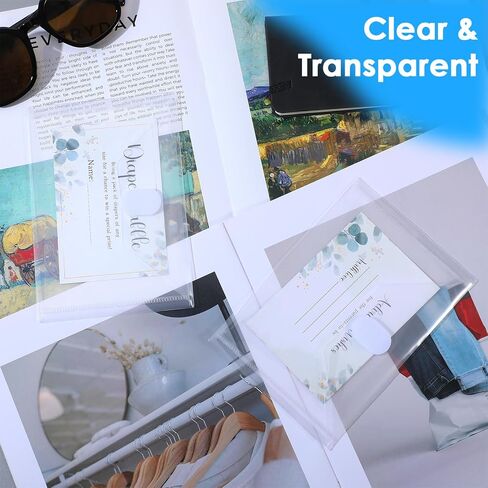 50 Pcs Plastic Clear Envelopes with Hook Loop, 6.2" x 4.5" Reusable Small Plastic Envelopes Waterproof Sticker Organizer Receipt Holder Photo Storage Folders in Kuwait