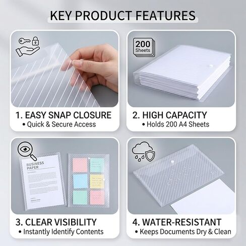 Snap Button File Envelopes 10 Pack, Clear A4 Letter Size Plastic Document Folder, Waterproof Filing Envelope with Textured Surface for Home Office Work Paper Organizer Storage in Kuwait
