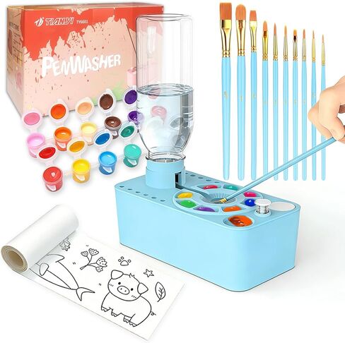 Paint Brush Cleaner Tool,Painting Running Water Circulation Art Supplies,with Brushes,Colors Paint,Watercolor Paper,Paint Station Creative Gift for Kids Girls Adult Artist Beginners,Blue in Kuwait