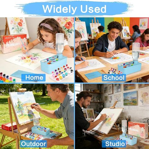 Paint Brush Cleaner Tool,Painting Running Water Circulation Art Supplies,with Brushes,Colors Paint,Watercolor Paper,Paint Station Creative Gift for Kids Girls Adult Artist Beginners,Blue in Kuwait