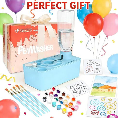 Paint Brush Cleaner Tool,Painting Running Water Circulation Art Supplies,with Brushes,Colors Paint,Watercolor Paper,Paint Station Creative Gift for Kids Girls Adult Artist Beginners,Blue in Kuwait