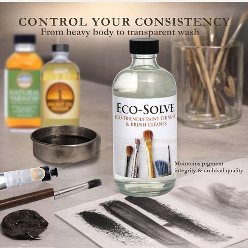 مخفف طلاء الزيت الطبيعي ومنظف الفرش من Eco-Solve - بديل مذيب غير سام وخالي من المركبات العضوية المتطايرة وعديم الرائحة للطلاء الزيتي - بديل زيت التربنتين الأرشيفي القائم على الصويا - زجاجة زجاجية سعة 8 أونصة in Kuwait