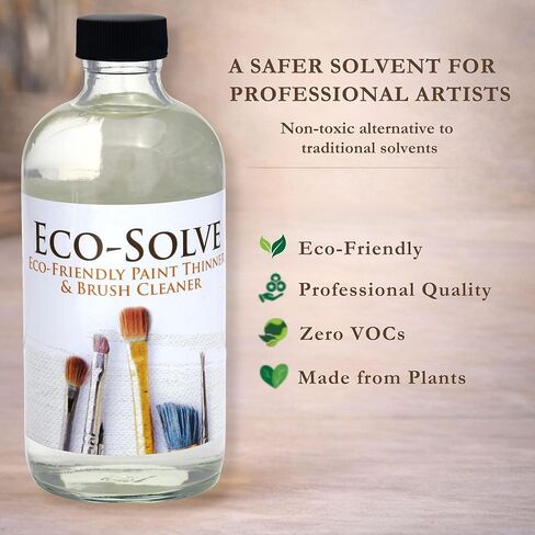 مخفف طلاء الزيت الطبيعي ومنظف الفرش من Eco-Solve - بديل مذيب غير سام وخالي من المركبات العضوية المتطايرة وعديم الرائحة للطلاء الزيتي - بديل زيت التربنتين الأرشيفي القائم على الصويا - زجاجة زجاجية سعة 8 أونصة in Kuwait