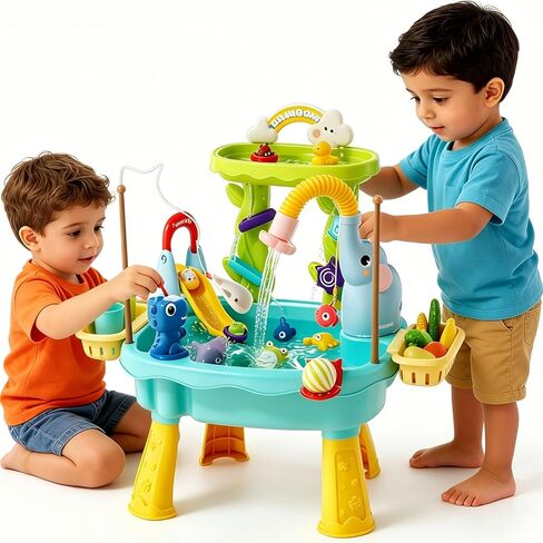 2027 Upgraded Toddlers 1-3 Water Table with Electric Pump, Kids Water Table with Faucet Play Food Accessories Fishing Toy, Kitchen Play Sink Toys for Girl Boy Age 4-8 (Pink) in Kuwait