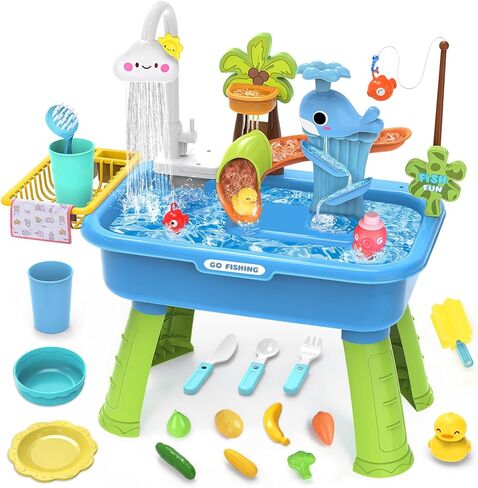 Water Table for Toddlers 1-3 with Electric Water Pump, Sand and Water Table for Kids Ages 4-8 Play Sink with Running Water & Electric Faucet, Role Play Sensory Toys in Kuwait