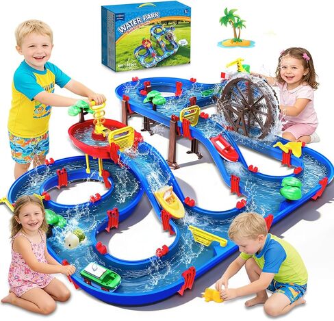 TERRAMUS 2-Tier Kids Watermill Water Table Toys، 124PCS Water Park Playset مع مضخة، عجلة مائية، ألعاب المياه الصيفية في الهواء الطلق الممرات المائية للفناء الخلفي، الحديقة، الشاطئ، حمام السباحة، هدايا للأولاد والبنات والأطفال الصغار 3-5 4-8 in Kuwait