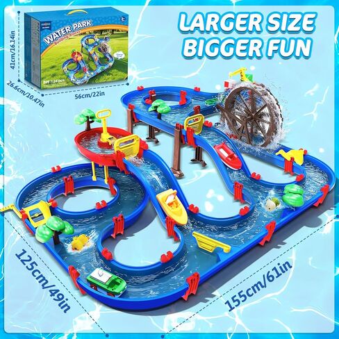 TERRAMUS 2-Tier Kids Watermill Water Table Toys، 124PCS Water Park Playset مع مضخة، عجلة مائية، ألعاب المياه الصيفية في الهواء الطلق الممرات المائية للفناء الخلفي، الحديقة، الشاطئ، حمام السباحة، هدايا للأولاد والبنات والأطفال الصغار 3-5 4-8 in Kuwait