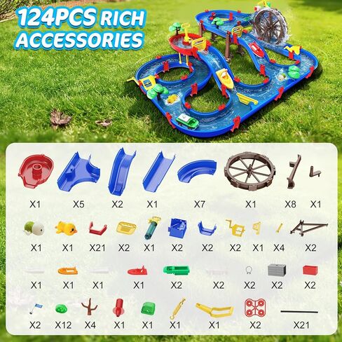 TERRAMUS 2-Tier Kids Watermill Water Table Toys، 124PCS Water Park Playset مع مضخة، عجلة مائية، ألعاب المياه الصيفية في الهواء الطلق الممرات المائية للفناء الخلفي، الحديقة، الشاطئ، حمام السباحة، هدايا للأولاد والبنات والأطفال الصغار 3-5 4-8 in Kuwait