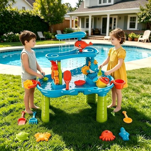 eaacaa Water Table for Toddlers Ages 3-8, 3-Tier Water and Sand Play Table with Accessories for Outdoor Play, Backyard and Beach Activities, Ideal Gift for Boys and Girls in Kuwait
