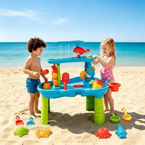 eaacaa Water Table for Toddlers Ages 3-8, 3-Tier Water and Sand Play Table with Accessories for Outdoor Play, Backyard and Beach Activities, Ideal Gift for Boys and Girls in Saudi Arabia