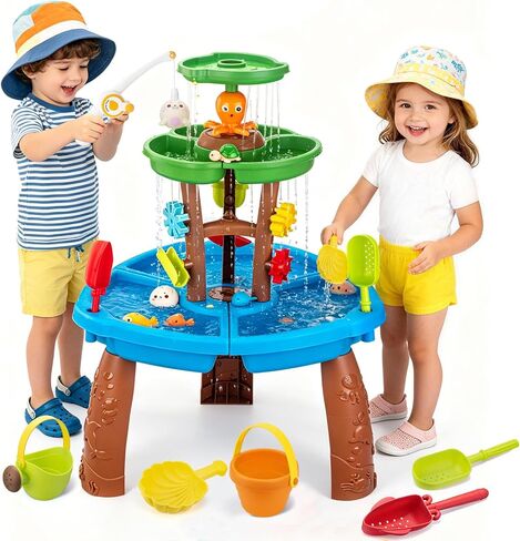Water Table Toys for Kids Aged 3 4 5 6 7 8, Kids Water Table with Auto Water-Absorbing Water Pump & Umbrella Outdoor Activity Sensory Play Table with Beach Toys Accessories Birthday Gifts for Toddlers in Kuwait