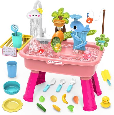 Water Table for Toddlers 1-3，Water Table with Pump，Role Play Sensory Toys，Toy Kitchen Sets for Kids Ages 4-8, Play Sink with Running Water & Electric Faucet，Outdoor Toys for Toddlers 1-3(Pink) in Kuwait