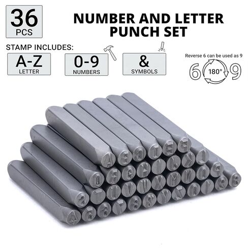 NEIKO 02633A Number and Letter Punch Set with Heat-Treated Steel Punches, Imprinting & Arts and Crafts, 3/16" (5 MM) Shaft, 36 Pc Stamp Set, Uppercase Letter & Number Punch Set (A-Z / 0-8 / "&") in Kuwait