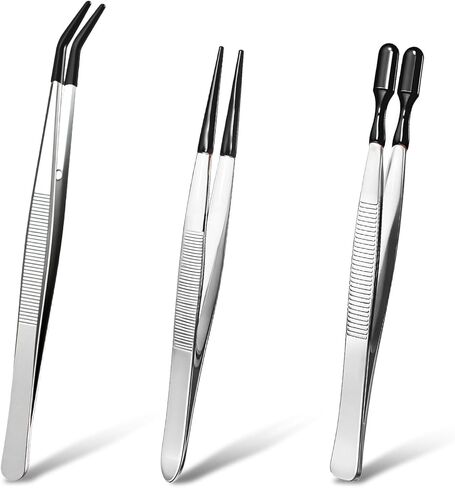 3 Piece Tweezers with Rubber Tips Set, Stainless Steel Rubber Tipped Tweezers Bent Flat and Pointed Precision Tweezer for Jewelry Crafts Electronics and Lab Use Black in Kuwait