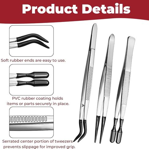 3 Piece Tweezers with Rubber Tips Set, Stainless Steel Rubber Tipped Tweezers Bent Flat and Pointed Precision Tweezer for Jewelry Crafts Electronics and Lab Use Black in Kuwait