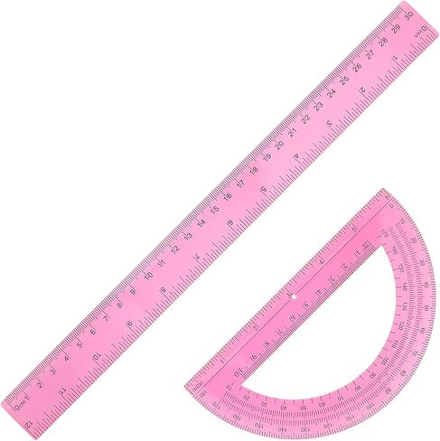 2 Pack Protractor and Ruler Set, Plastic 12 Inch Ruler and 6 Inch Protractor, Pink Clear Math Geometry Supplies for School Classroom Home Office Drawing in Kuwait